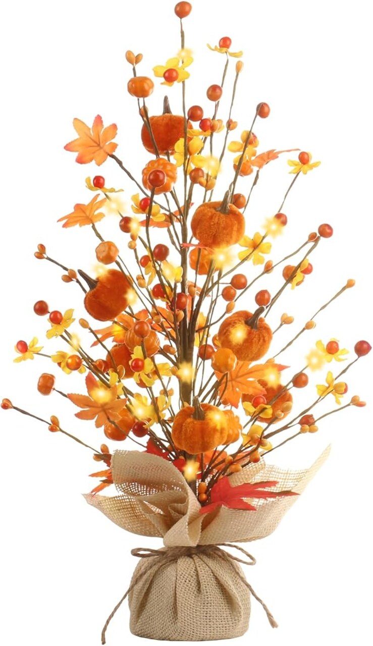 Fall Decor, 18 Inch Artificial Red Berry, Maple Leaf, and Pumpkin Tree Tabletop Decorations for Autumn Harvest Home Wedding Holiday Party Indoor/Outdoor Decor - Gifts.